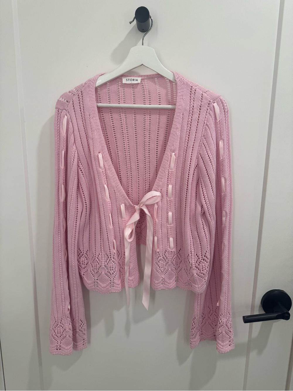 Storia Light Pink Open-Knit Tie-Front Cardigan